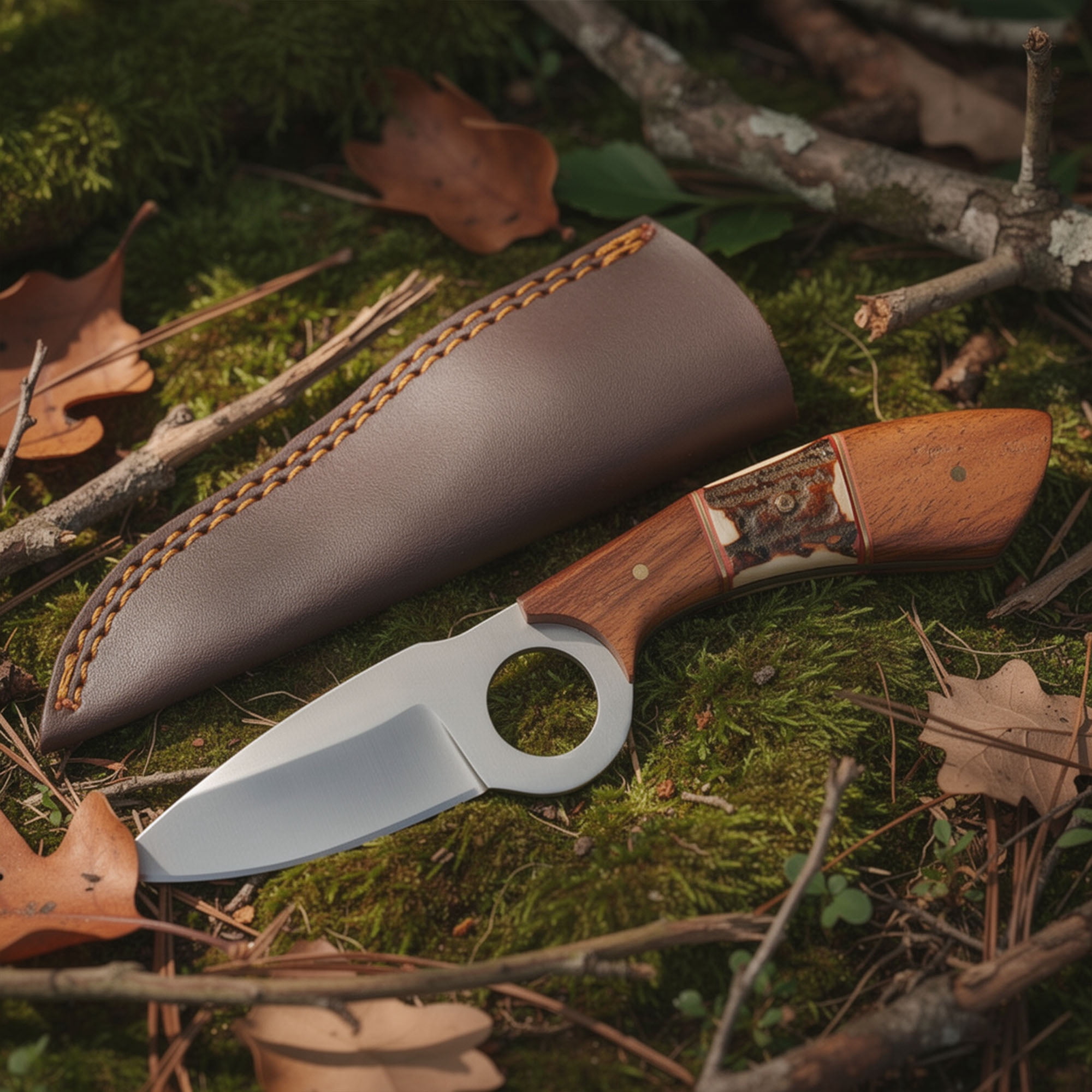 SZCO 7.5 Inch Showdown Wood & Stag Hunter Knife Full Tang Stainless Steel Blade With Leather Sheath Outdoor Fixed Blade Knife