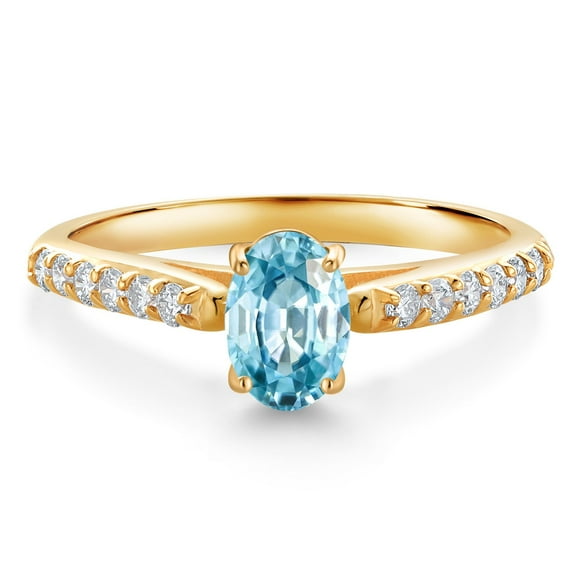 Gem Stone King 10K Yellow Gold Blue Zircon and White Lab Grown Diamond Engagement Ring for Women (1.43 Cttw, Oval 7X5MM, Gemstone December Birthstone, Size 7)