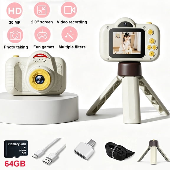 Upgraded Kids Selfie Camera with 1080P Video & 64GB SD Card, HD Digital Video Camera for Boys Girls Ages 3-8, Portable Toy Camera with Selfie Mode, Games, MP3 – Gift for Children,Beige