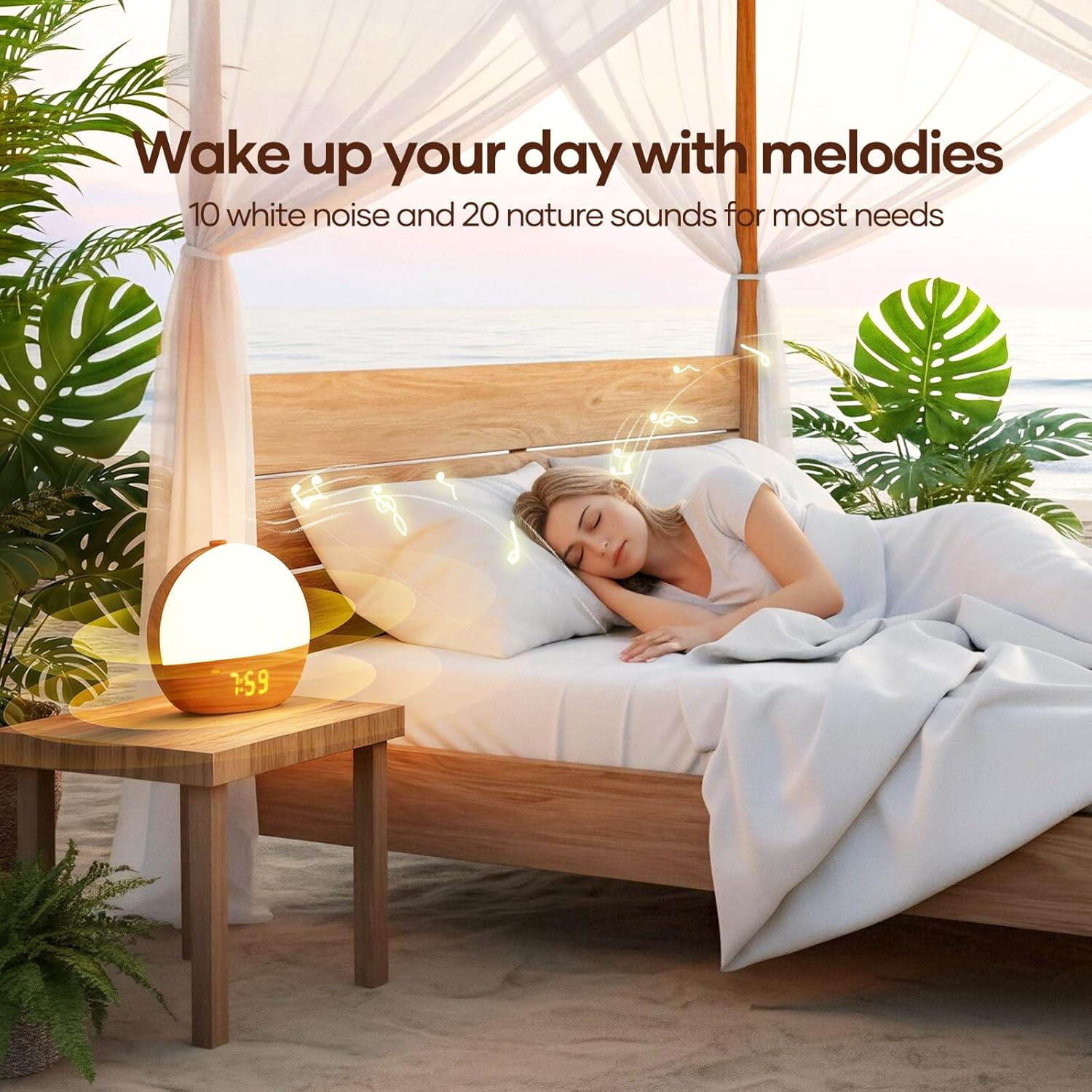 Clock Fabric Dimmable Night Light for Heavy Sleepers, Sunrise Wake Up Light, White Noise Machine for Baby, Dual Alarm Function 30 Sleep Sounds, with 17 Light Effects