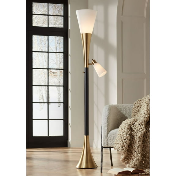 Possini Euro Design Fortuna Mid Century Modern 72 1/2" Tall Standing Floor Lamp Torchiere with Reading Light Dimmable Gold Metal