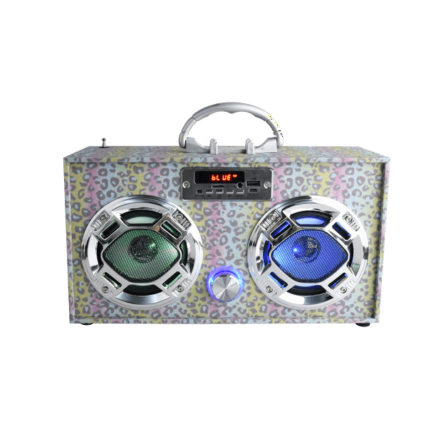hvad som helst tyfon løfte Leopard Glitter Boombox with LED Speakers- Retro Bluetooth Speaker  w/Enhanced FM Radio - Perfect for Home and Outdoor- (BB-Glitter Leopard) -  Walmart.com
