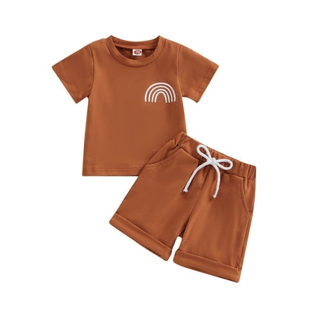 

Blotona Toddler Baby 2Pcs Summer Outfits Short Sleeve Rainbow Print T-Shirt + Knot Front Shorts Set