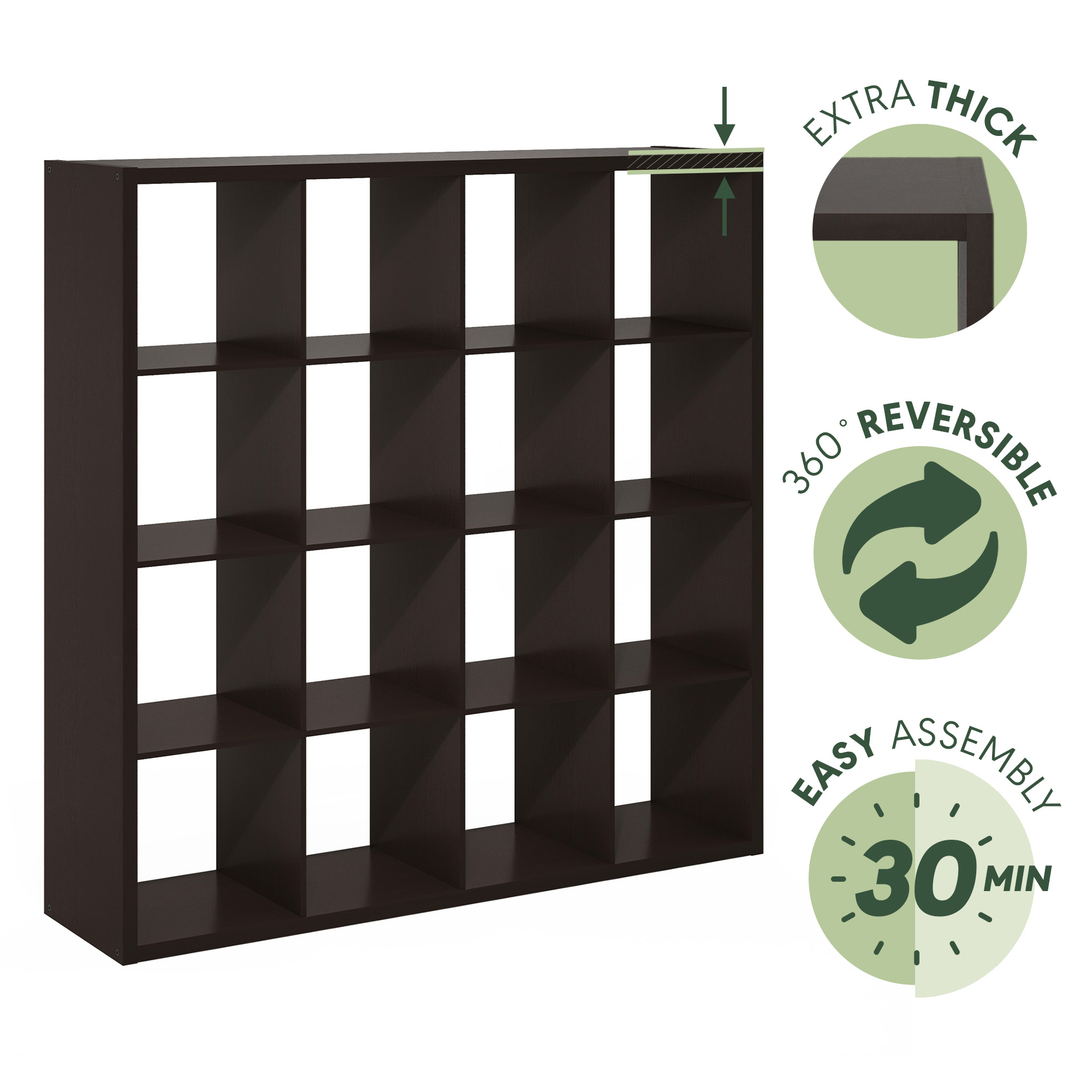 Furinno CUBICLE Book Shelf, 16-Cube Thick Frame Bookshelf, Reversible Bookcase with Open Back, 14.6 x 57.8 x 58, for Living Room, Bedroom, Home Office, Black Dark Oak