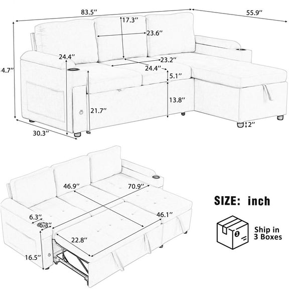 JERFIT Modern Convertible Sectional Sofa Bed with Storage, Reversible Chaise, Cup Holders & USB Charging, Chenille Fabric for Living Room, Black