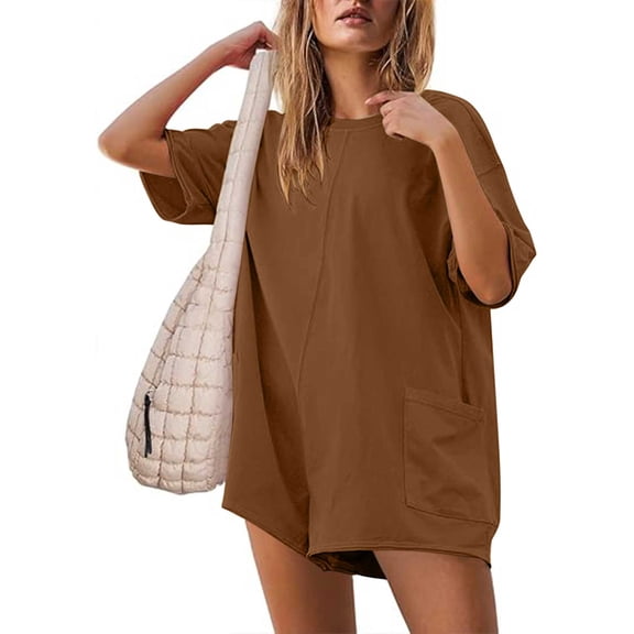 Women's Oversized Athletic Tee Romper with Pockets, Short Sleeve Jumpsuit Shorts, Casual Workout Romper for Women, Lounge Wear Gym Wear Travel Essentials | Aestivo,Coffee L