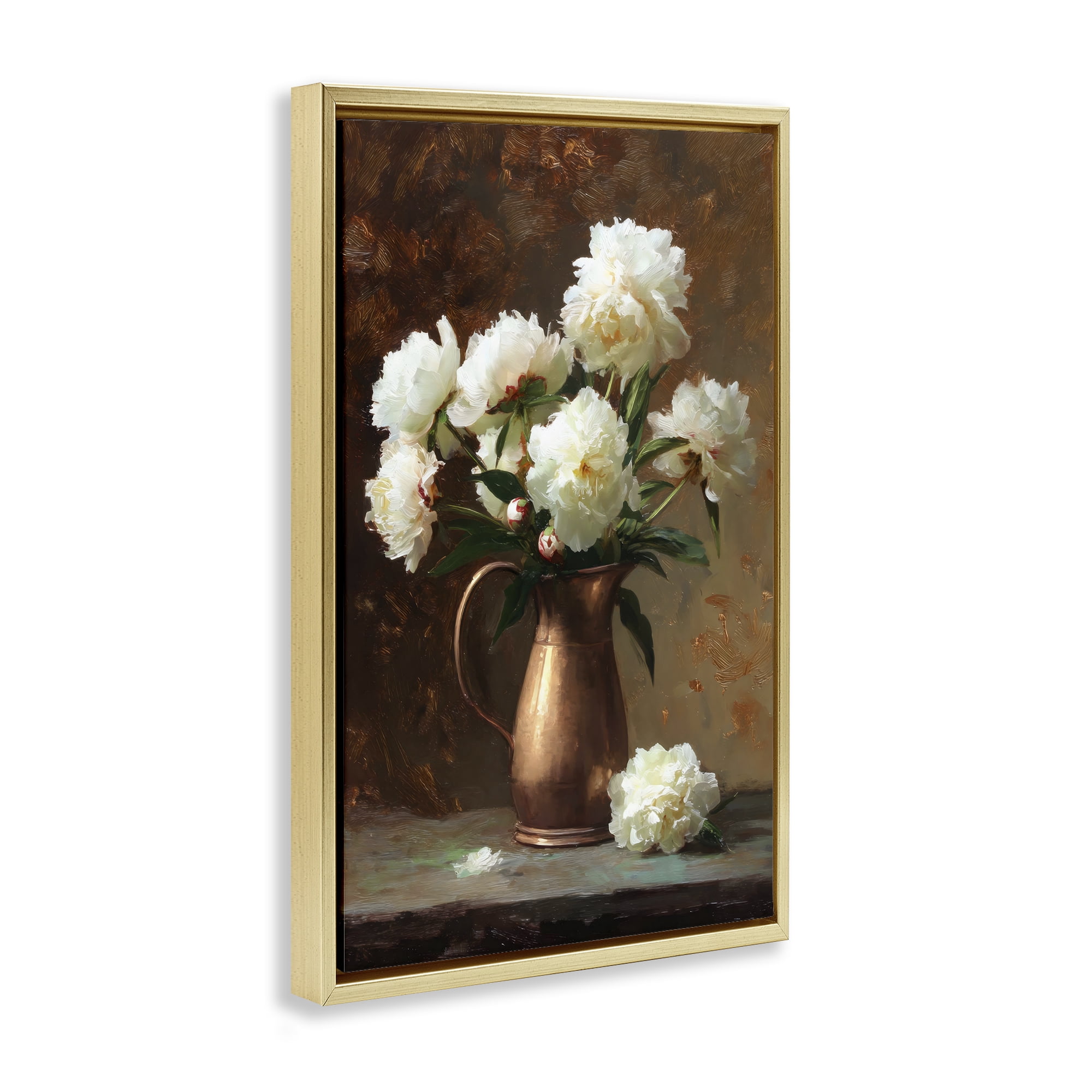 Stupell Industries Bronze Vase Peonies Gold Framed Floater Canvas Wall Art, design by Petal Prints Design