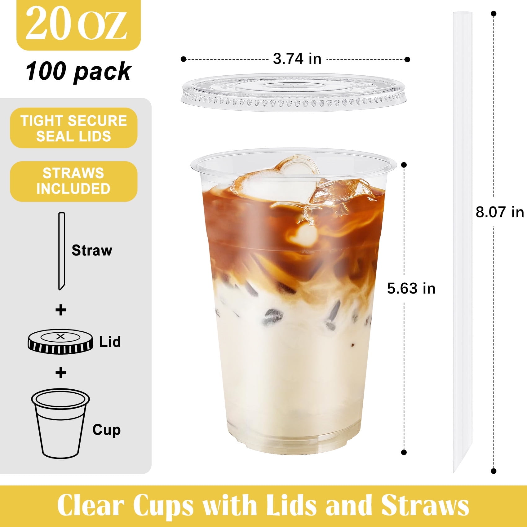 Treamon 20 oz Clear Plastic Cups with Lids and Straws, 100-Pack photo 5