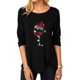 thumbnail image 1 of Camisa de manga larga para mujer con estampado navideño de copa de vino tinto, botones irregulares, cuello redondo, manga larga, color negro XXL, 1 of 4