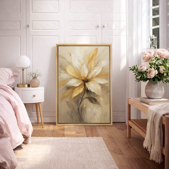 Framed Canvas Print Neutral Flower Wall Art Modern Decorative for Living Room Bedroom - 16"x24" NATURAL