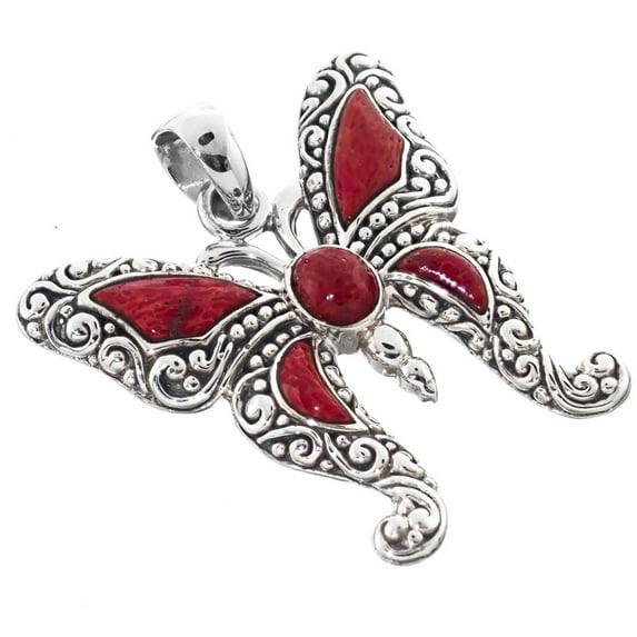Butterfly In Red Sponge Coral 925 Sterling Silver Pendant, 1 1/4"