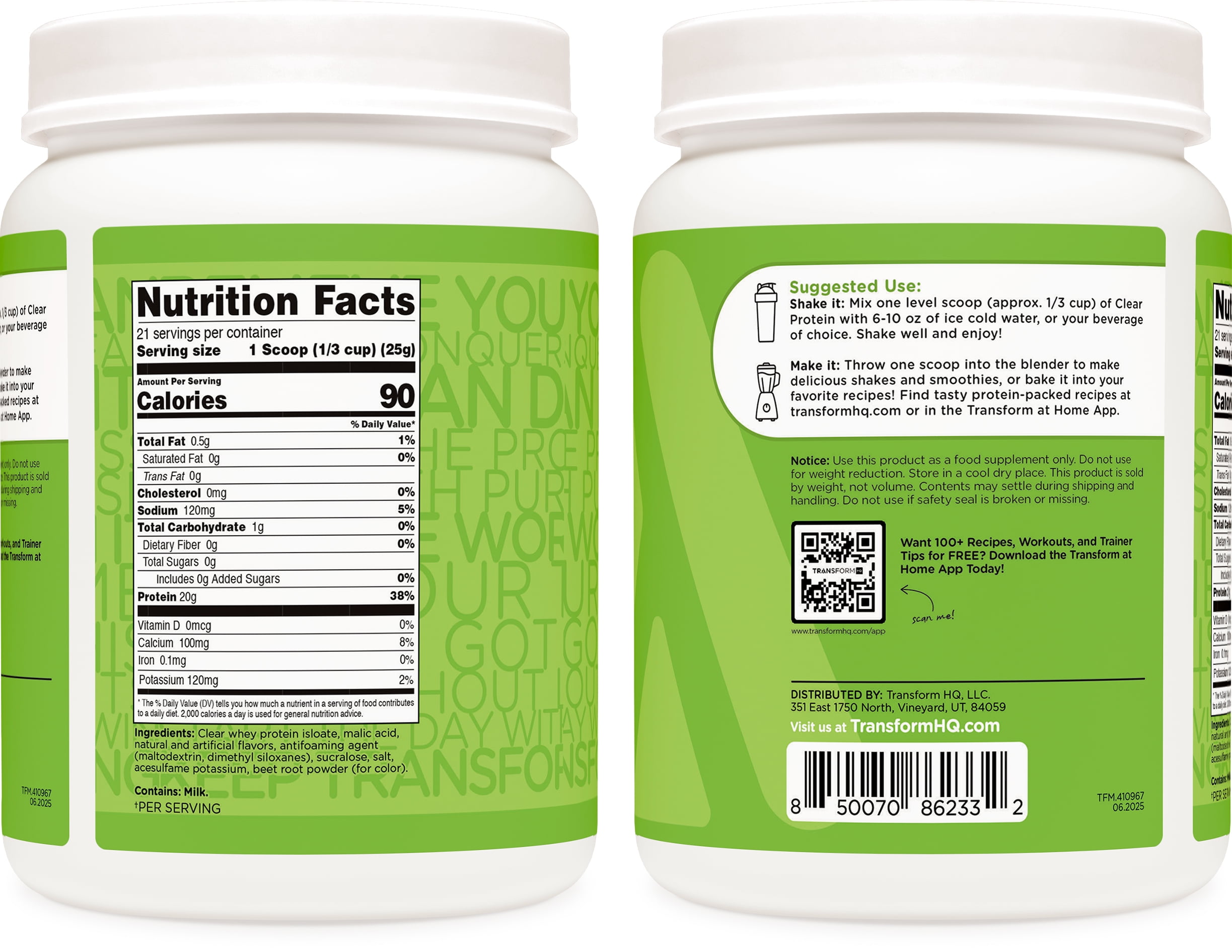 TransformHQ Clear Protein Powder (Watermelon Burst) 21 Servings - Whey Protein Isolate, 20g of Protein, 90 Calories, 0g Added Sugars