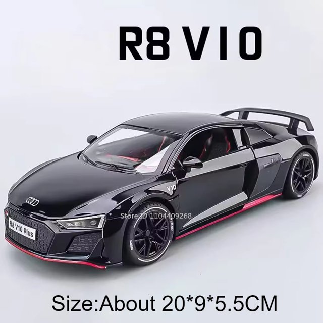 1:24 RS6 R8 V10 Plus Sports Car Model Toy Diecast Metal Simulation Sound Light Supercar Models Collection Kids Toys Gifts R8 V10 Black
