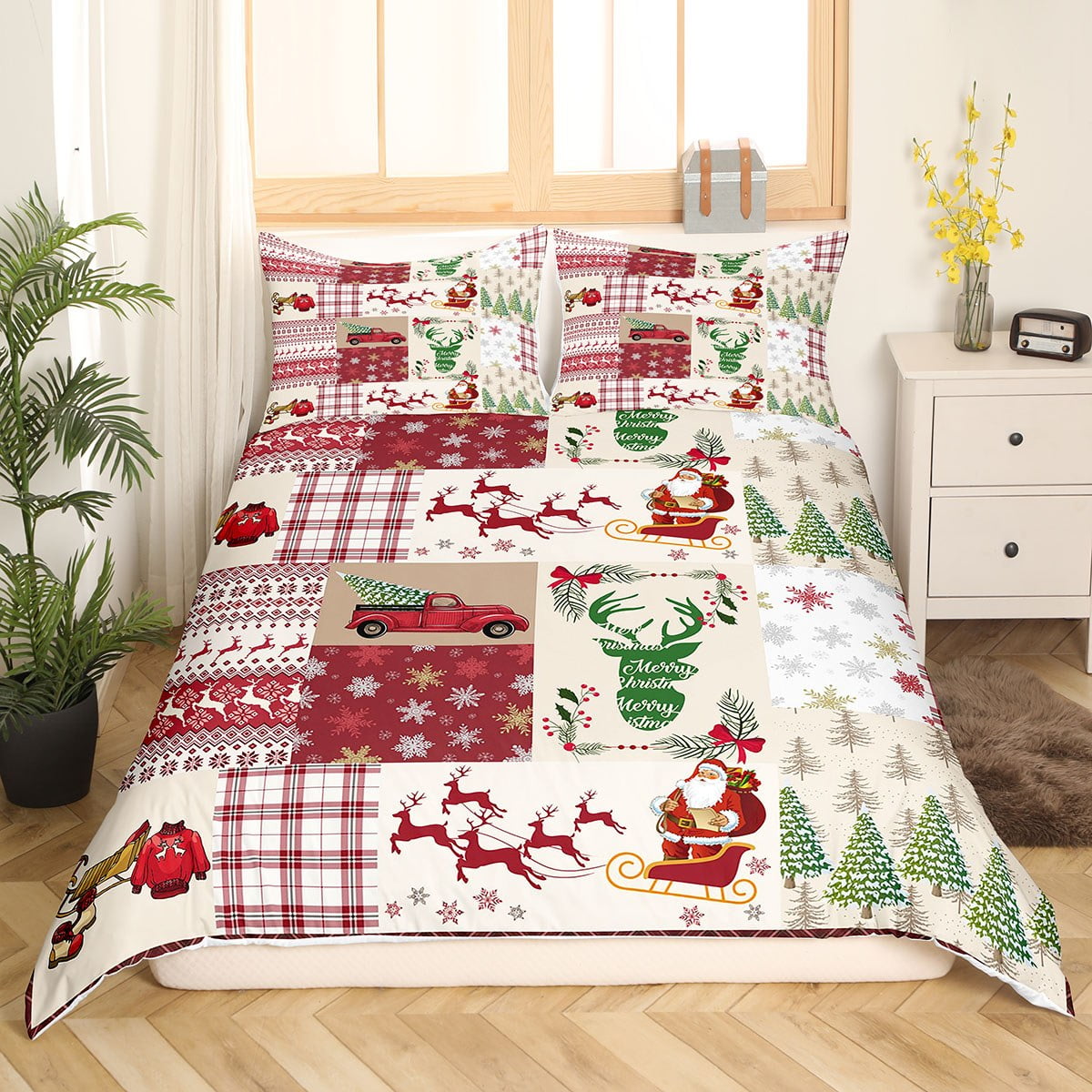 Yst Christmas Bedding Sets Full Xmas Tree Santa Claus Deer Snowflake Comforter Cover Red Check Plaid Duvet Cover Christmas Bedroom Decor winter Festiv