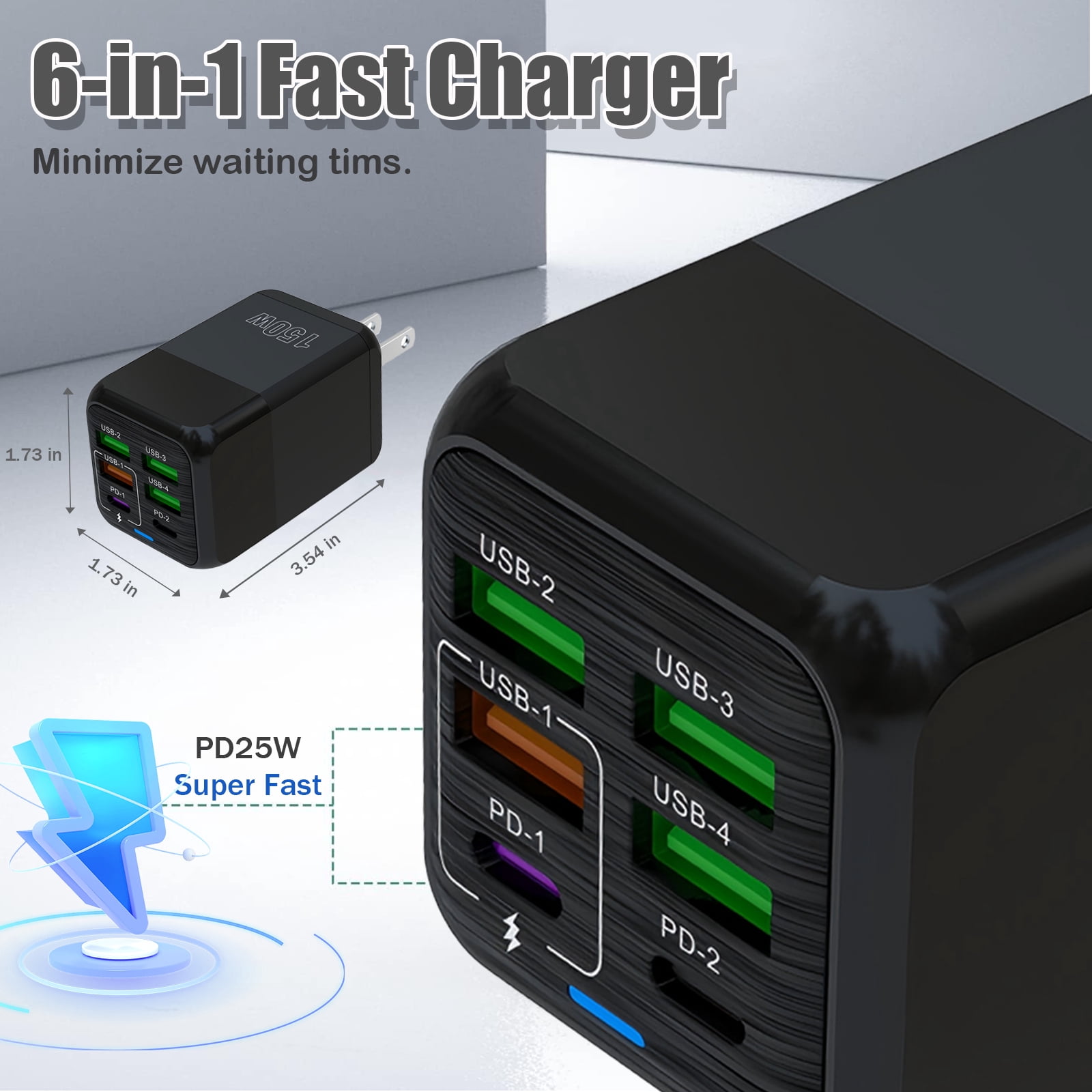 RONY USB C 150W Charger Block: 6-Port Fast Charging Block Power Adapter Compatible with iPhone Samsung Galaxy, Black