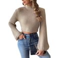 thumbnail image 2 of Women'S Cropped Sweater Knit Long Sleeve Crewneck Soft Pullover Sweater Top Khaki L, 2 of 10