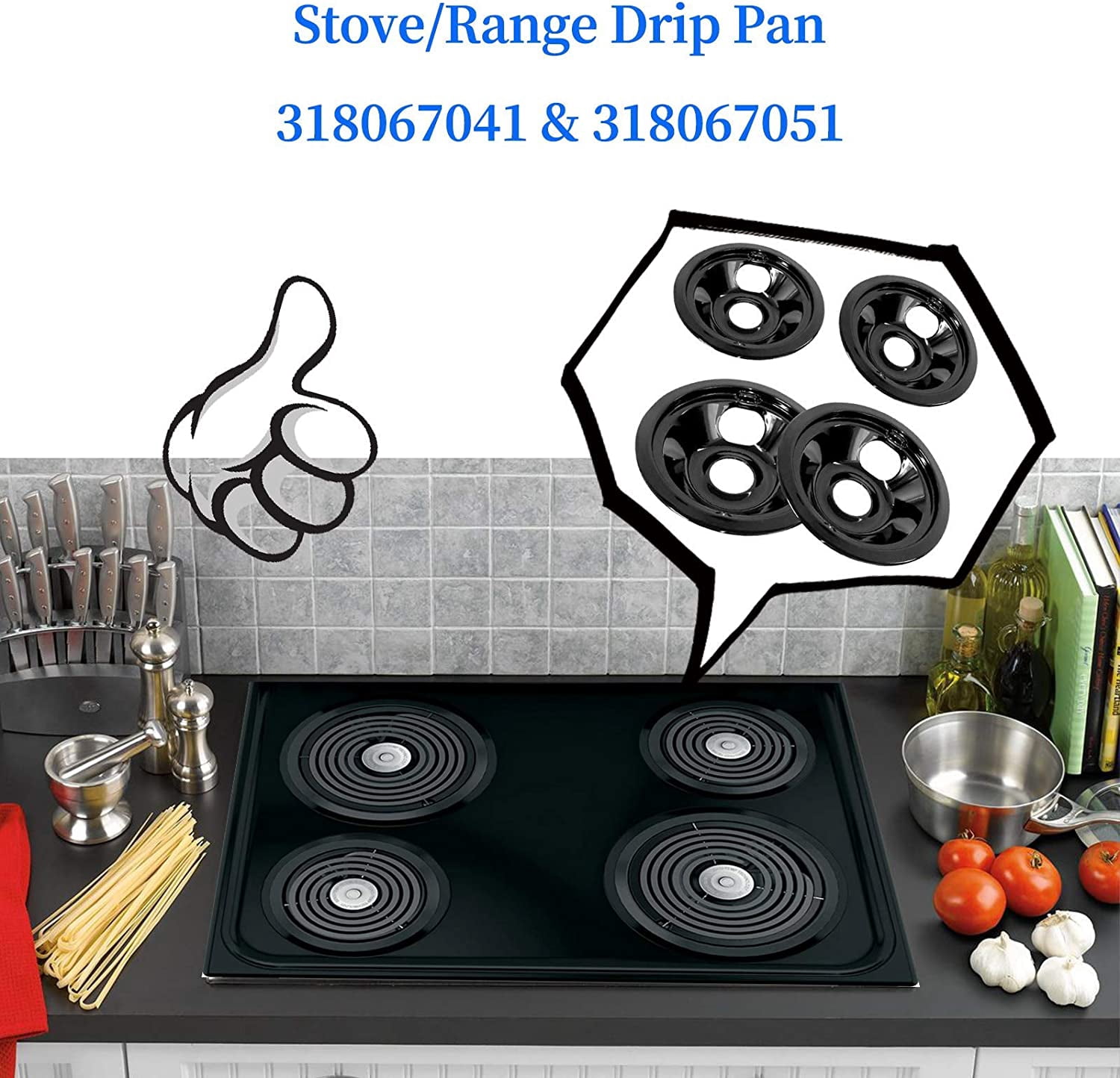 Black Porcelain Drip Pans Set 4-Pack 318067041 & 318067051 Replacement for Frigidaire Electric Range Stove Burner 5304430149, 5304430150 Includes 2 Large 2 Small (6 Inch and 8 Inch)
