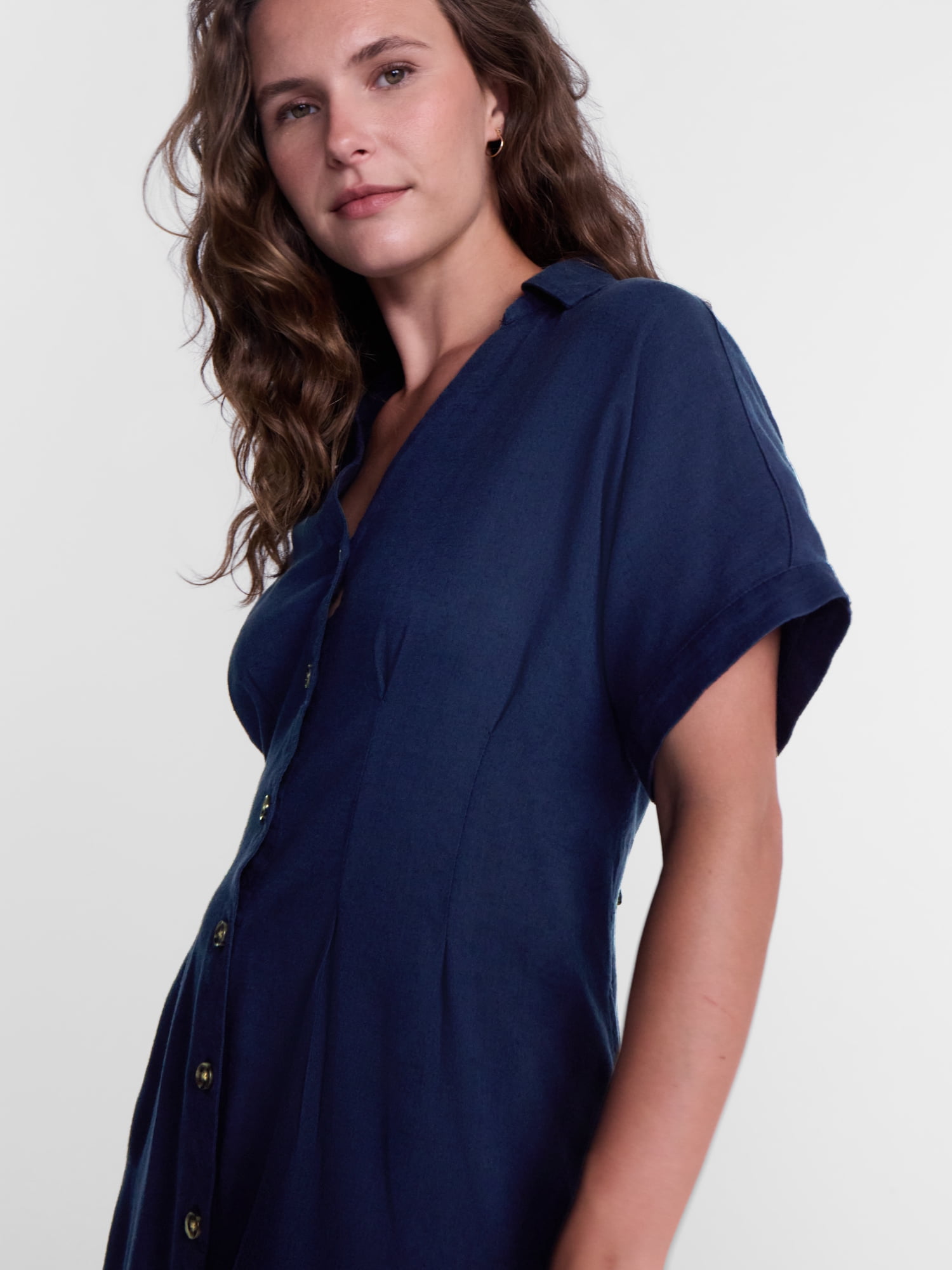 Time and Tru Women's Linen Blend Pleated Mini Shirtdress with Short Sleeves, Sizes XS-XXXL