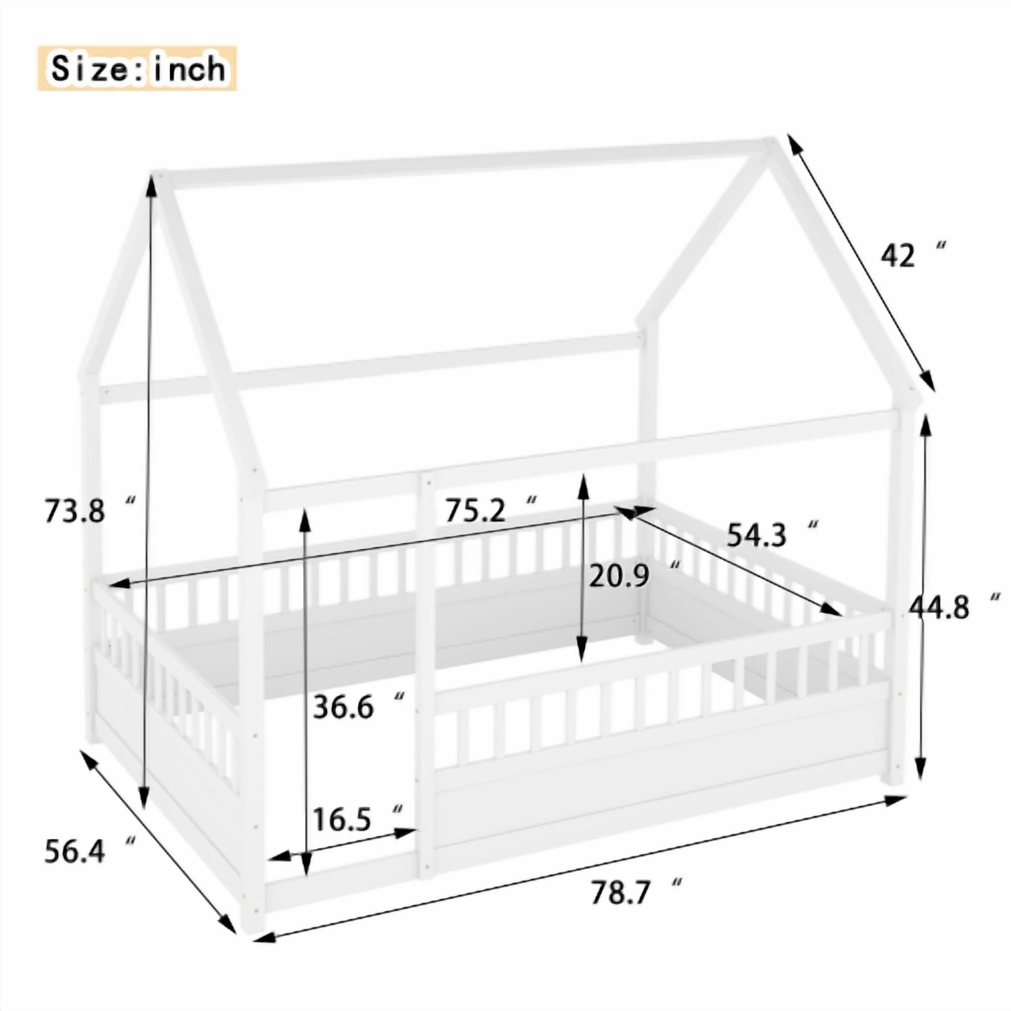 Bellemave Full Size House Floor Bed, Wood Full House Bed with Fence, Safe Playhouse Montessori Floor Bed, White