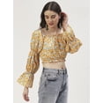 thumbnail image 3 of DressBerry Women's Printed Viscose Rayon Square Neck Ruffled Border Cropped Blouse Long Balloon Sleeves Casual&nbsp;Summer Wear Above Waist Length Regular Short Top, 3 of 7