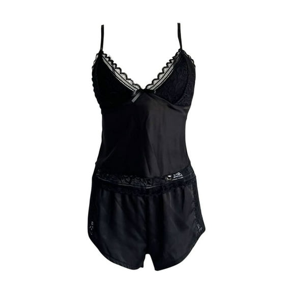 SwiftWear Pajama Sets for Women 2 Piece Lace Satin Pajamas Sleeveless V Neck Camisole Shorts Lounge Set Soft Sleepwear, Black S