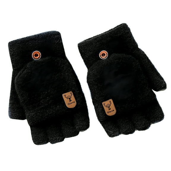 TELOLY Winter Warm Gloves for Men and Women Open and Full Finger Gloves Winter Knitted Fingerless Gloves Thermal Insulation Warm Convertible Mittens Flap Cover For Men Women Black One Size