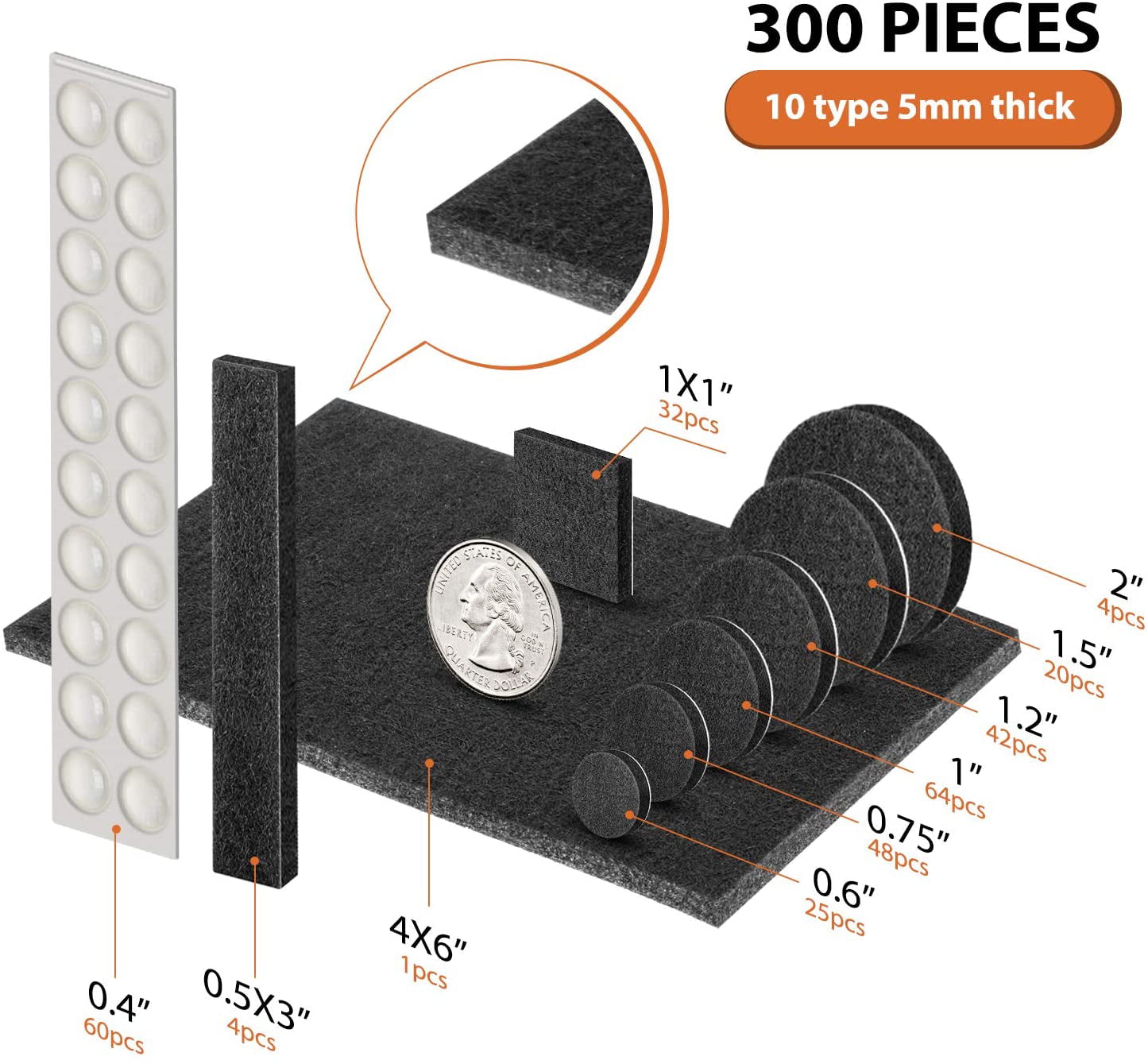 300PCS 5mm Thick Furniture Pads Felt Self Adhesive Anti Scratch Floor Protectors 
