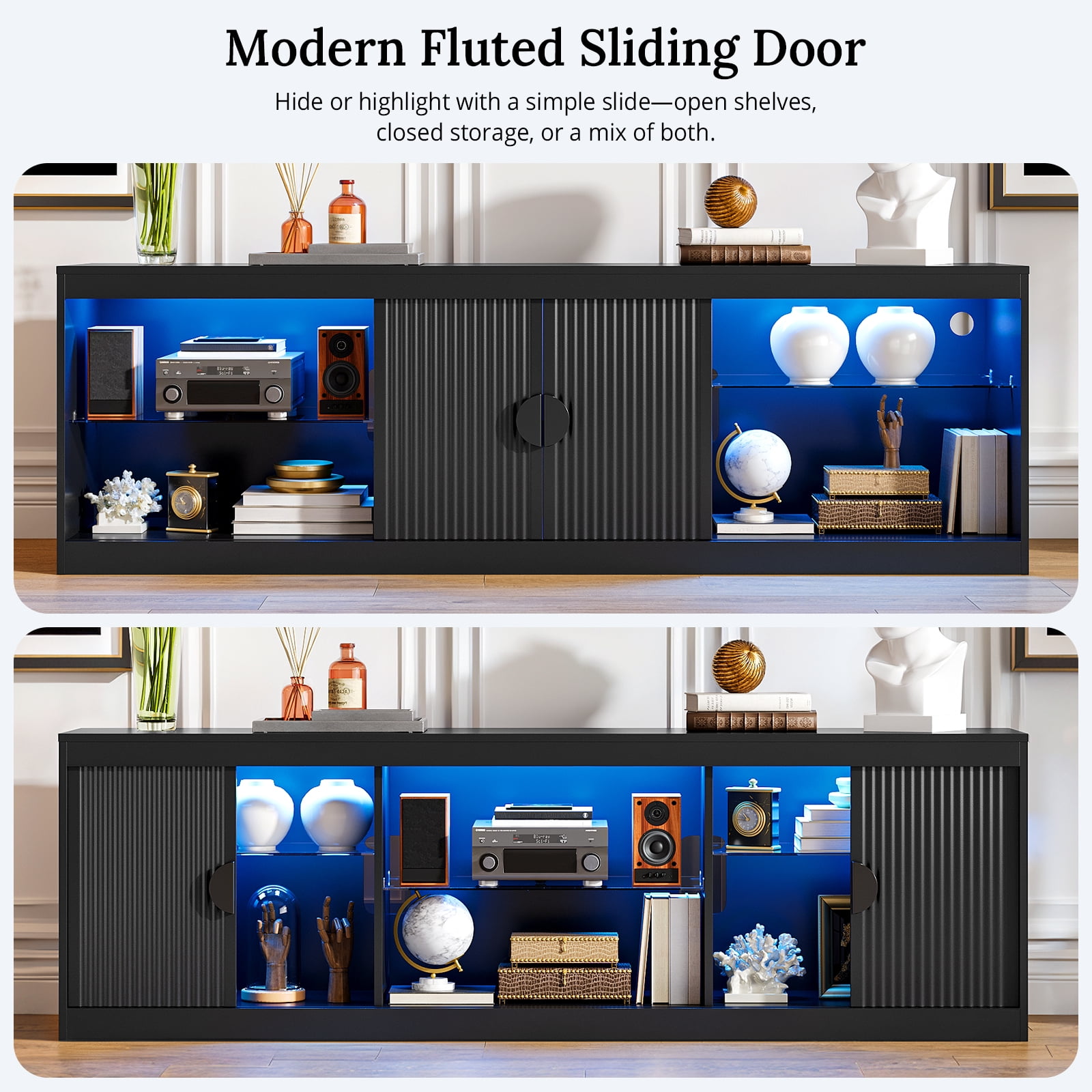 LGHM 70 inch Modern TV Stand for TVs up to 80", Fluted TV Console with LED Lights, Wood Entertainment Center, Black