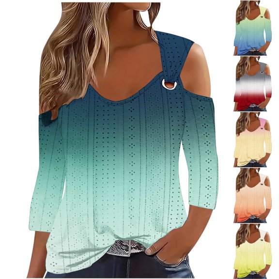 Wiyuqeen Eyelet Tops for Women 3/4 Sleeve Cold Shoulder Tunics V Neck Gradient T Shirts Plus Size O Ring Strap Casual Shirts