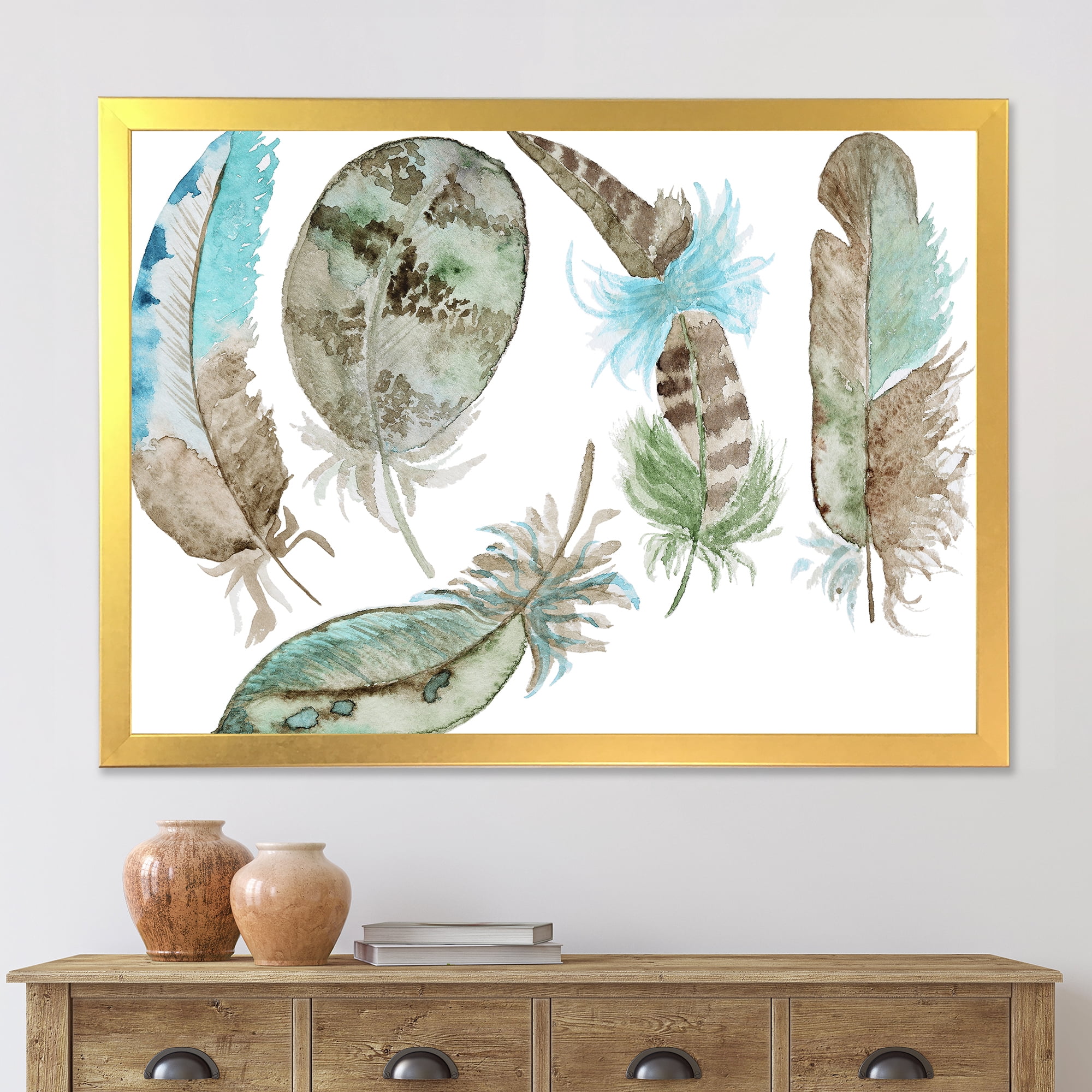 Designart 'Green Feathers Set On White' Bohemian & Eclectic Framed Art Print