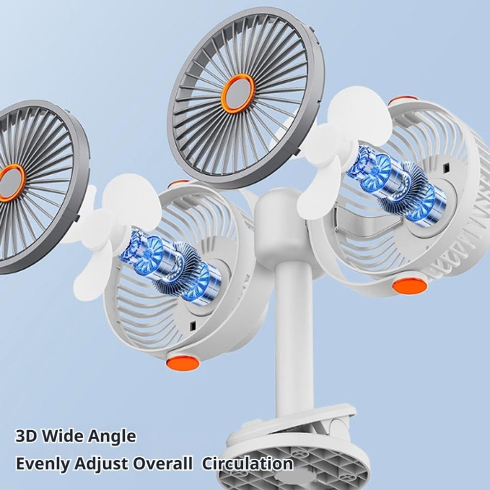 Dual Head Clip on Fan - Rechargeable Portable Desk Fan with LED Light, 360 Rotatable USB Clip Fans with 5 Speeds Wall Mounted & Hanging Quiet Cooling Fans for Stroller, Car, Office, Camping & Bed