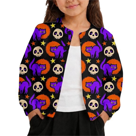 JFTTX Girls Halloween Cardigan Long Sleeve Button Down Sweaters for Girls Hallowmas Funny Graphic Fall Winter Jackets