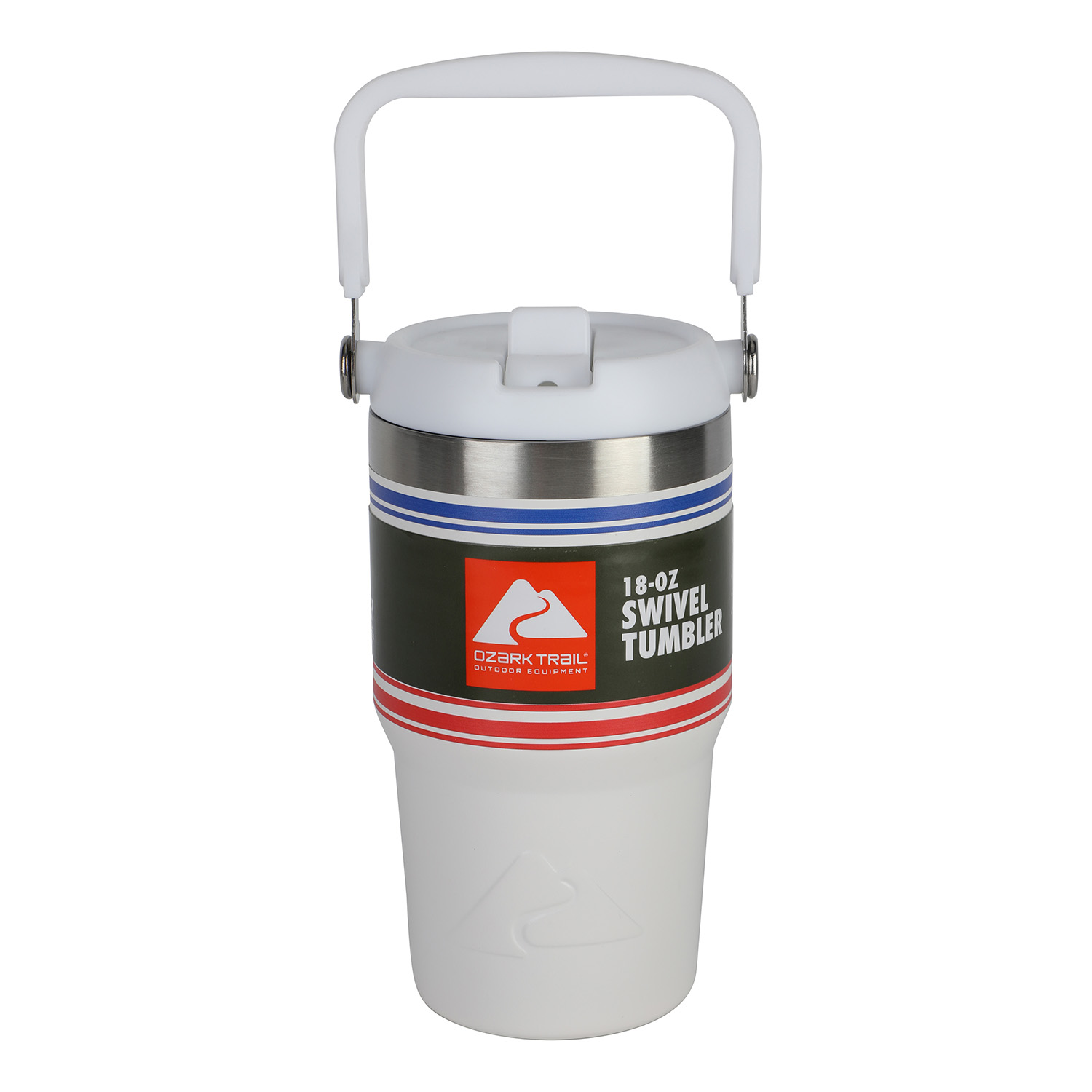 Ozark Trail 18 oz Stainless Steel Insulated Swivel Tumbler, White with Red and Blue Stripes
