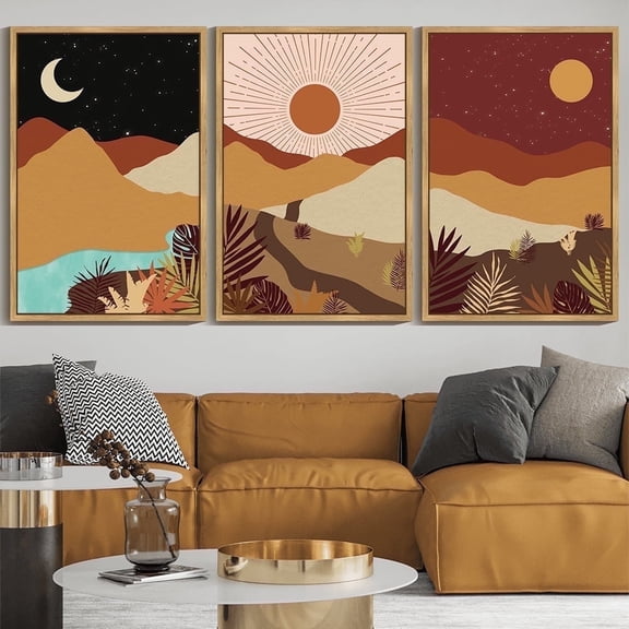 SHENIFY Large 24x36in3pcs Natural Framed Set Watercolor Sunrise Boho Landscape Wall Art Mountain Range Forest Desert Nature Wilderness Farmhouse Rustic Modern Art Decorative
