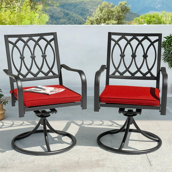 Nuu Garden 2-Piece Iron Swivel Chairs with Curved Armrests and Red Removable Cushions, Black