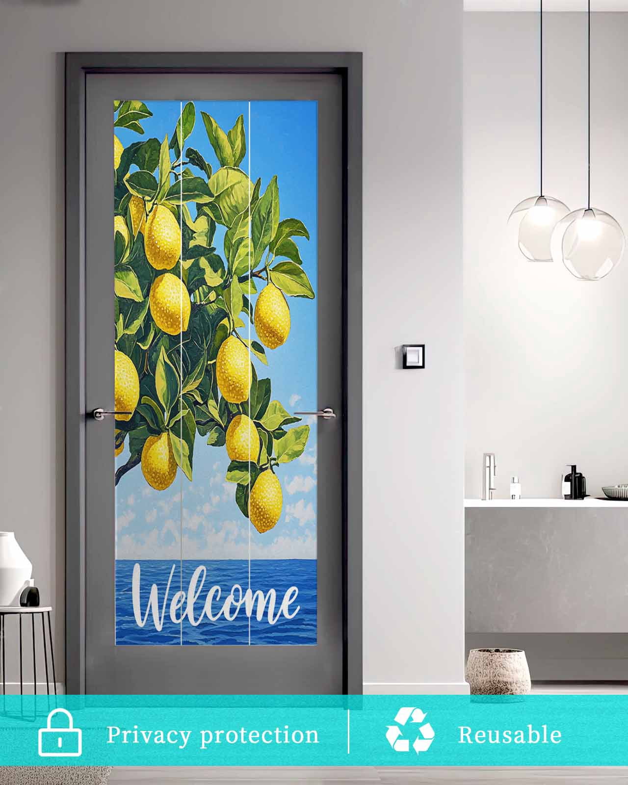Window Privacy Film Coastal Lemon Stained Glass Window Film Decorative Sun Block Window Cover Summer Ocean Sea Yellow Fruits Leaf Tree Window Clings Static Adhesive Sticker for Bathroom 29.5"x78.7"