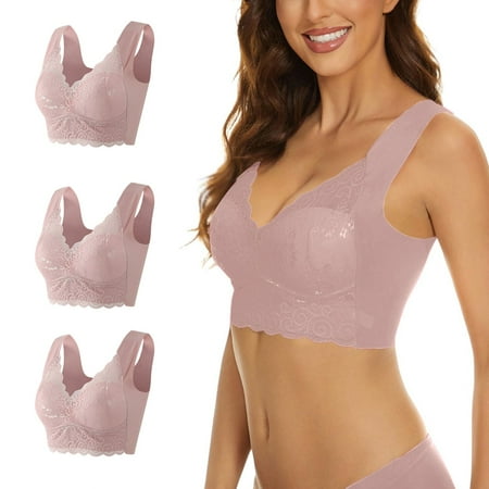 Gvdentm Women s Lace Bra 3PC Underwire Balconette Unlined Plus Size Pink L