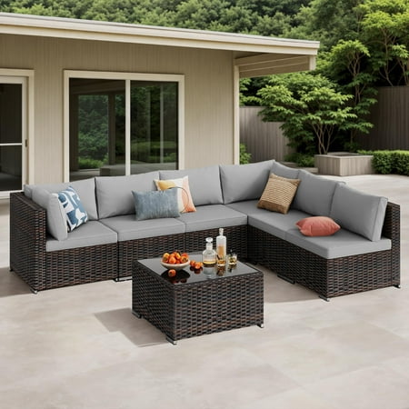 Patio Furniture Set Clearance, 7-Piece Sectional Outdoor Wicker Sofa Set With Glass Table &Amp; Water-Resistant Cushions, All-Weather Pe Rattan For Backyard, Poolside, Or Garden (Gray)