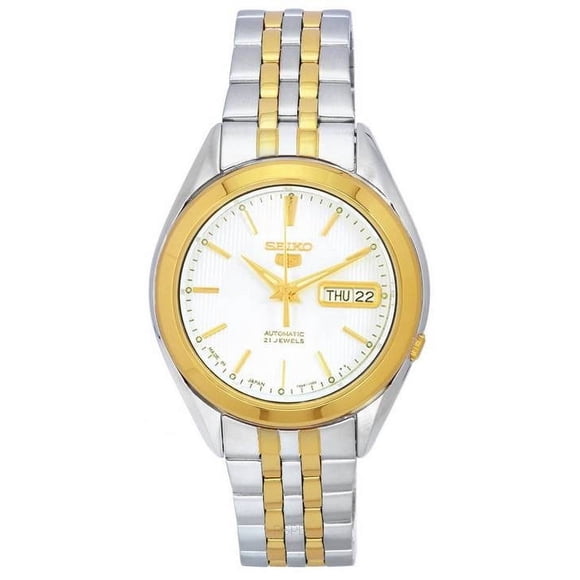 Seiko Reloj 5 Automático de Acero Inoxidable Bicolor con Esfera Blanca, Modelo SNKL24, SNKL24J1 y SNKL24J para Hombre.