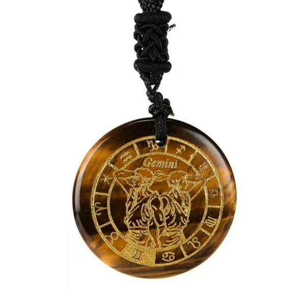 HOOUN 12 Constellation Amethyst Tiger Eye Necklace Natural Crystal Stone Carve Pendant-Gemini