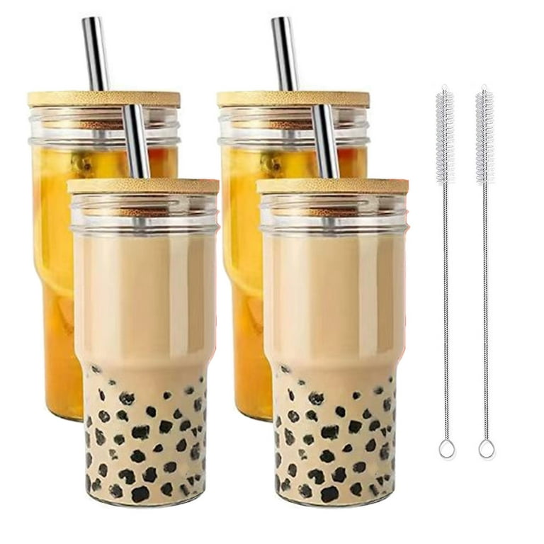 Aosijia 4 Pack Glass Tumbler Cups with Bamboo Lids and Stainless Steel  Straws 24 oz Iced Coffee Cups Wide Mouth Reusable Jar Drinking Glasses for  Bubble Tea Beer Smoothie Boba Tea Juice