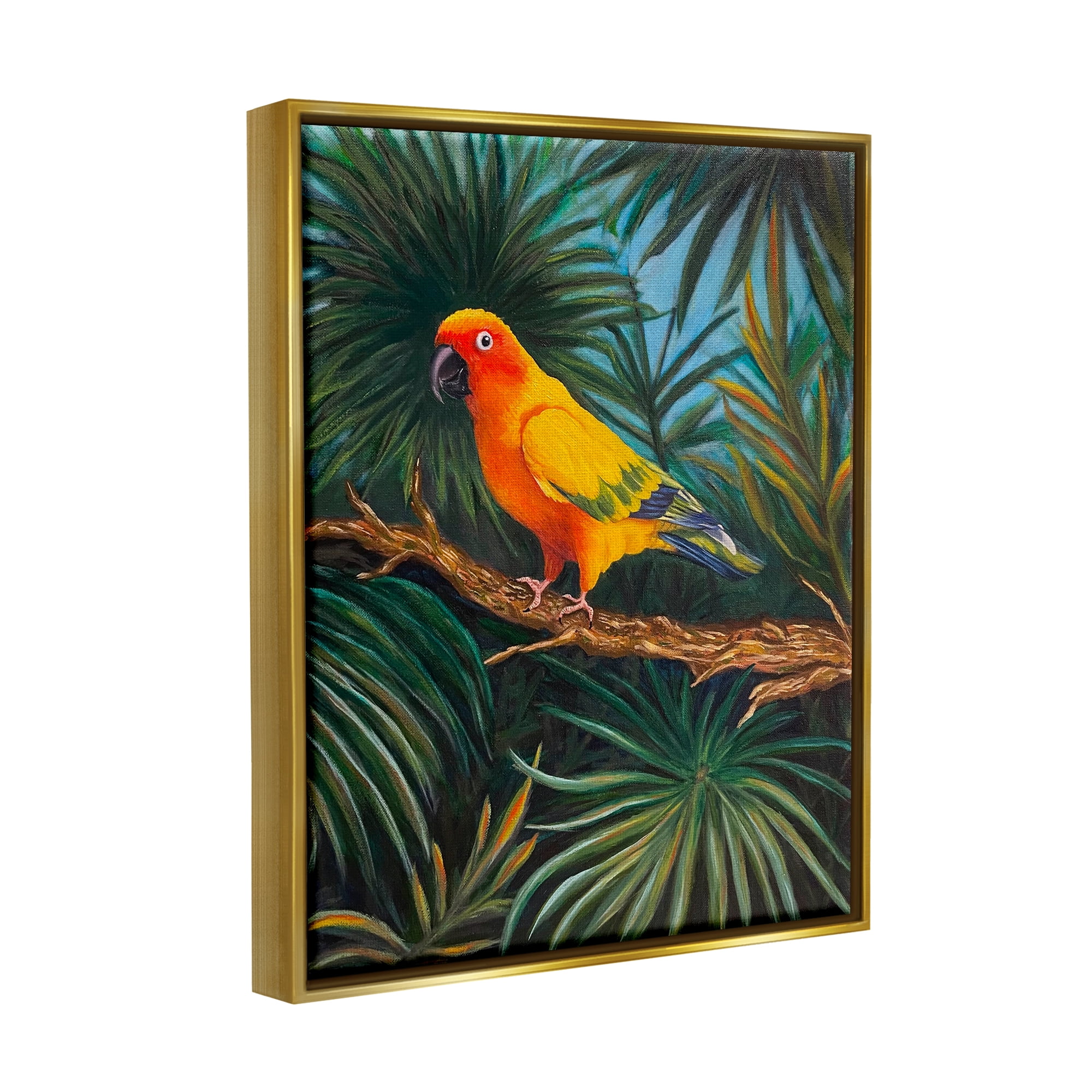 Stupell Industries Parrot in Tropical Trees Animals & Insects Painting Gold Floater Framed Canvas Art Print Wall Art, 17 x 21