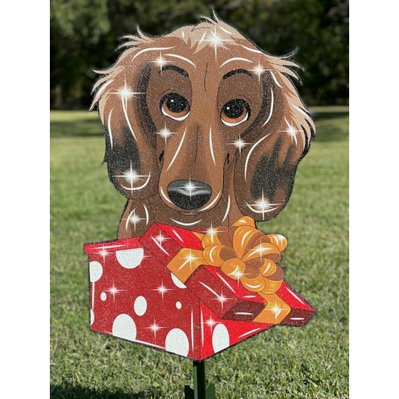 Blonde Dachshund Dog in a Christmas Box Outdoor Decoration