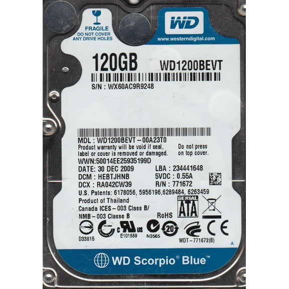 WD1200BEVT-00A23T0, DCM HEBTJHNB, Western Digital 120GB SATA 2.5 Hard Drive