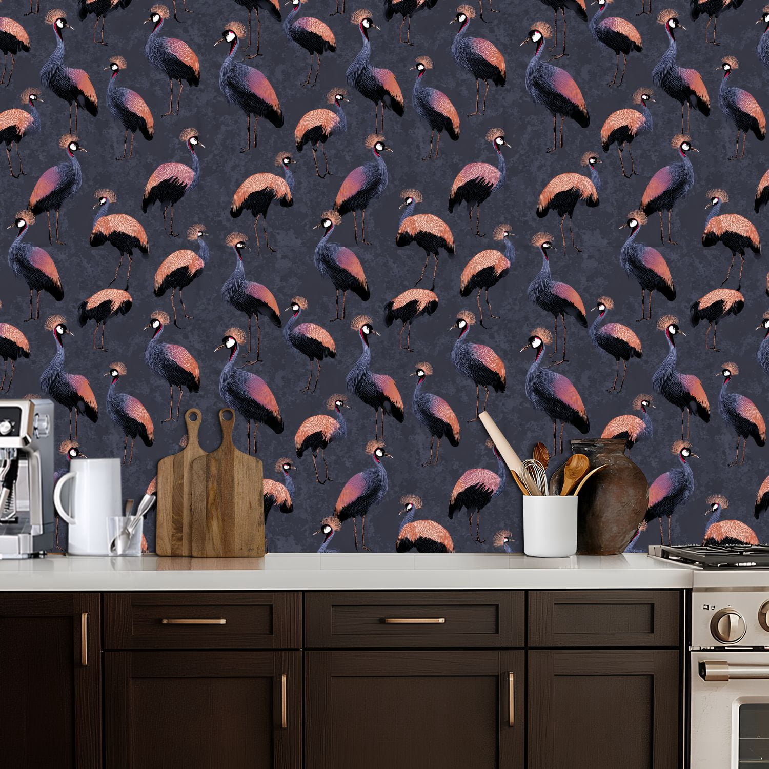 Peel and Stick Wallpaper Tropical Black Crowned Crane Coral Black Wall Mural 17.7in x 9.8ft Self Adhesive Removable Wall Paper Renter Friendly Wallpaper for Nursery Bedroom Cabinets