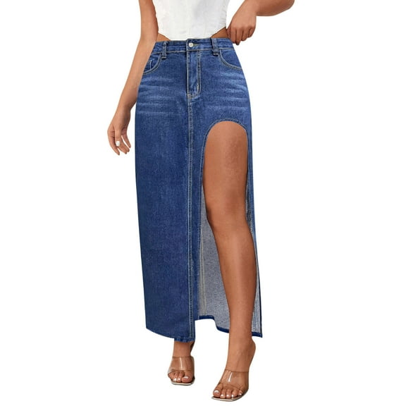 Sevevn Women's High Slit Denim Skirt Long Skirts For Women