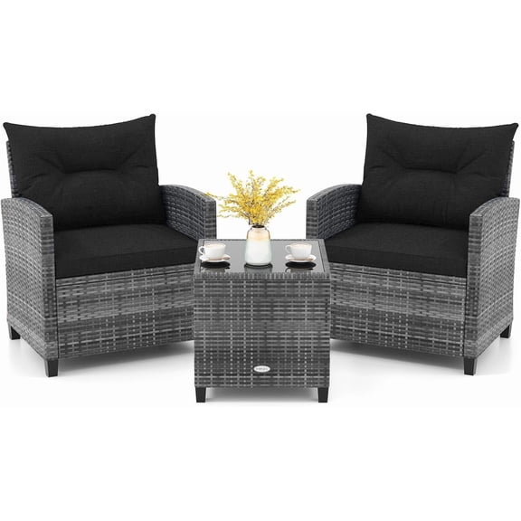 KOTEK 3 Piece Patio Furniture Set, Outdoor PE Rattan Conversation Set with Washable Cushions & Tempered Glass Tabletop, Wicker Chairs and Table Set for Porch, Garden, Balcony (Black)
