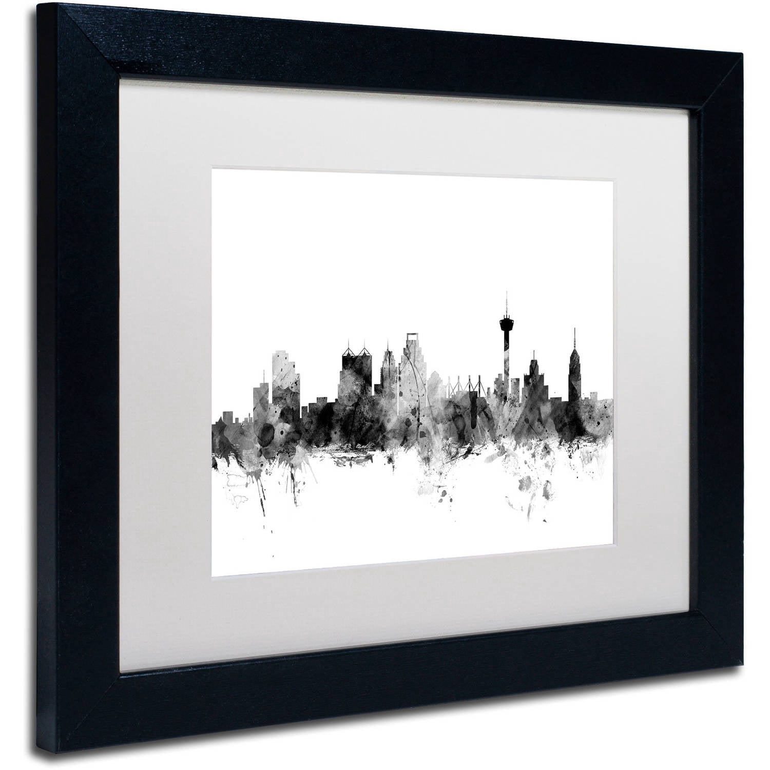 Trademark Fine Art "San Antonio Texas Skyline B&W" Canvas Art by Michael Tompsett, White Matte, Black Frame