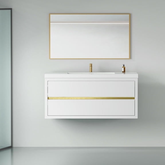 Spaco 48" Wall-Mounted Bathroom Vanity with Sink, Floating Bathroom Storage Cabinet with Stone Resin Countertop and Soft Close Drawers, White