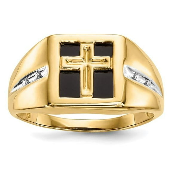 Finest Gold 14K Yellow Gold Onyx & Diamond Cross Mens Ring - Size 10